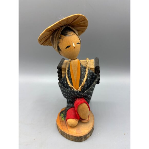 Vtg‎ Handcrafted Japanese Kokeshi Doll Wood Carrying Straw on Back Farm Girl - Picture 2 of 6
